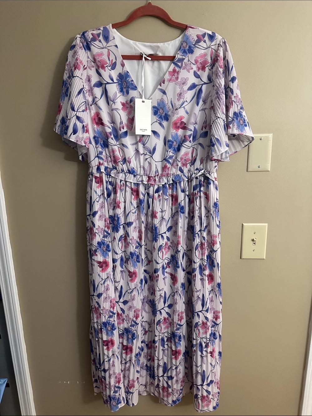 Floral V-Neck Midi Dress in Pink & Blue